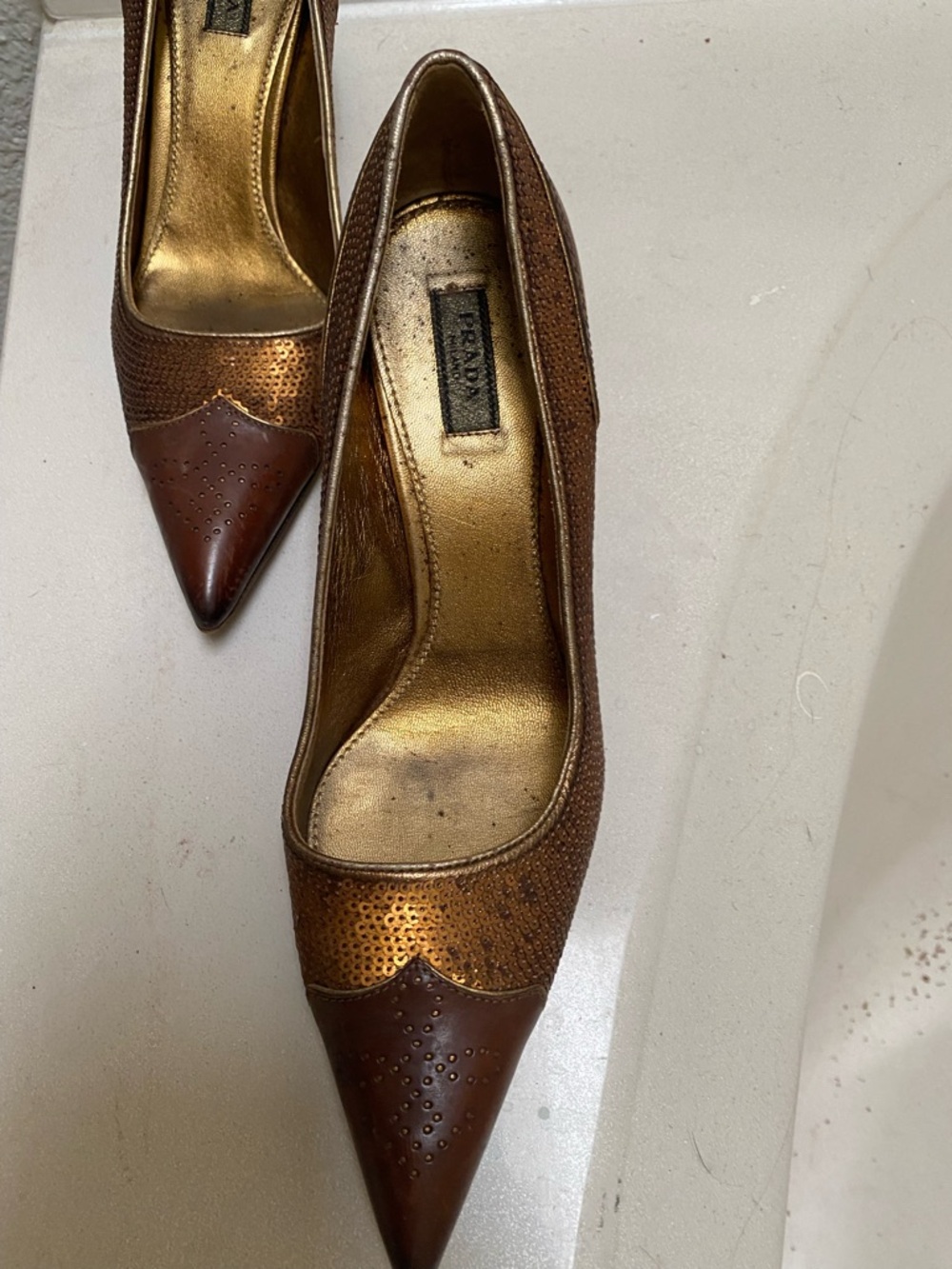 Prada Metallic Brown Pointed-Toe Kitten Heel Pumps 35 / 5 - Picture 4 of 7